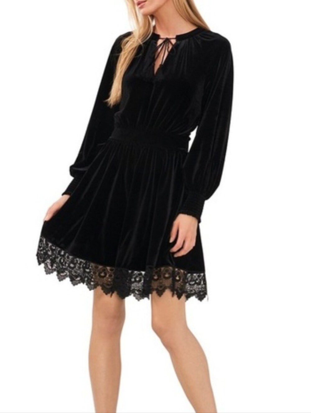 NWT Chelsea & Violet Black Velvet Lace-Hem Long Sleeve TieString V-Neck Dress Lg